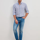 Classic Fit Streifen Navy Button Down Leinenhemd