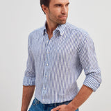 Classic Fit Streifen Navy Button Down Leinenhemd