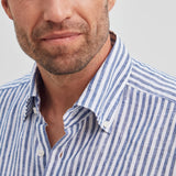 Classic Fit Streifen Navy Button Down Leinenhemd