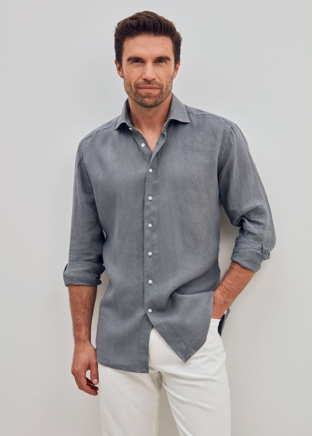 Classic Fit Leinenhemd Dunkelgrau